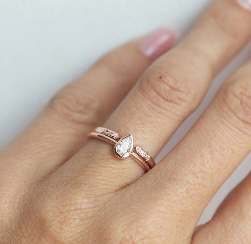 Pear Diamond Ring Set With Matching Open Diamond Band vy 3