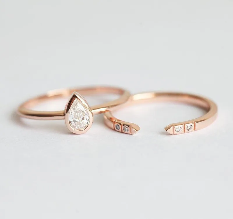 Pear Diamond Ring Set With Matching Open Diamond Band vy 4