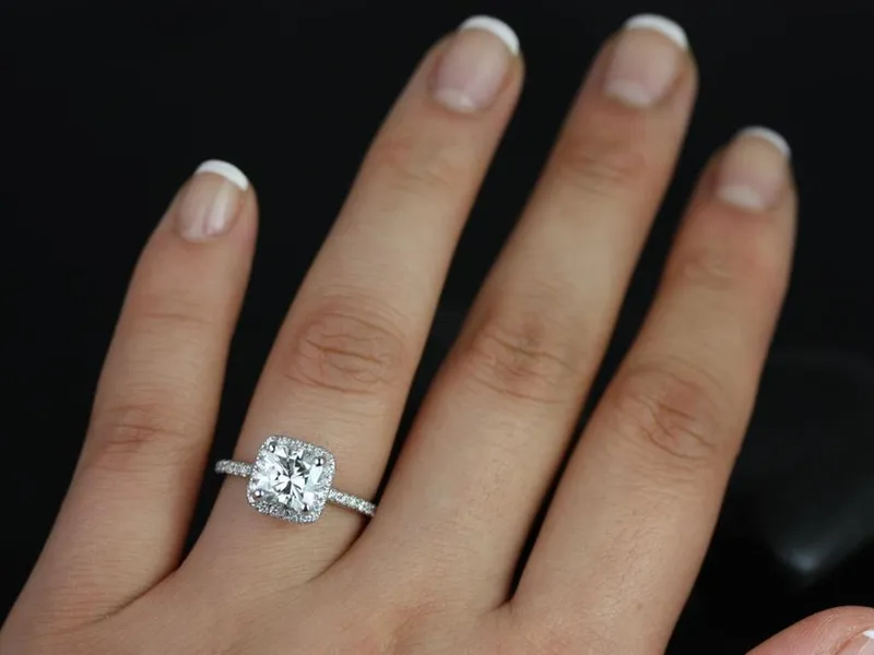 SALE 1.70ct Ready to Ship Pernella 7mm 14kt White Gold FB Moissanite Diamond Cushion Halo Ring vy 3
