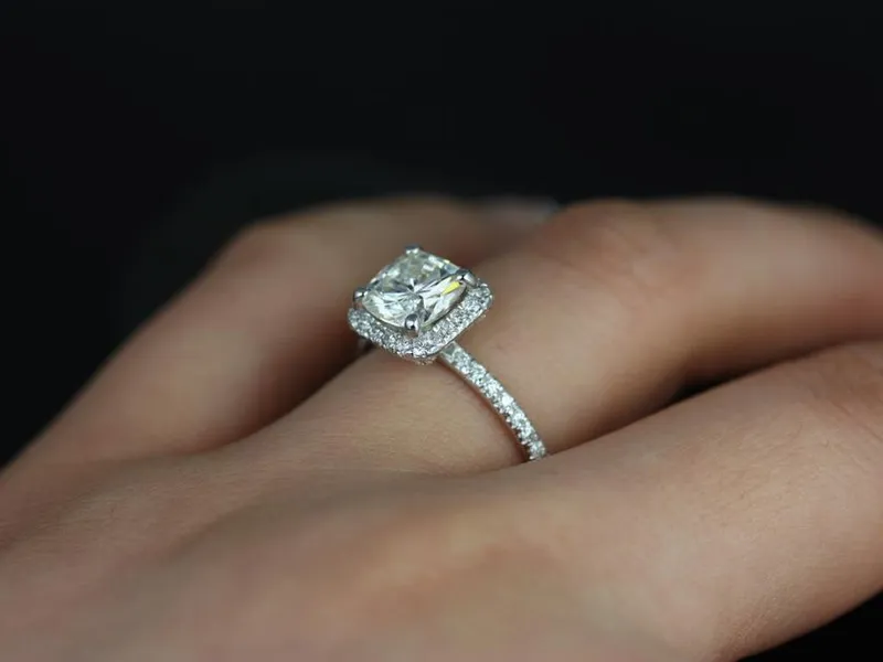 SALE 1.70ct Ready to Ship Pernella 7mm 14kt White Gold FB Moissanite Diamond Cushion Halo Ring vy 2
