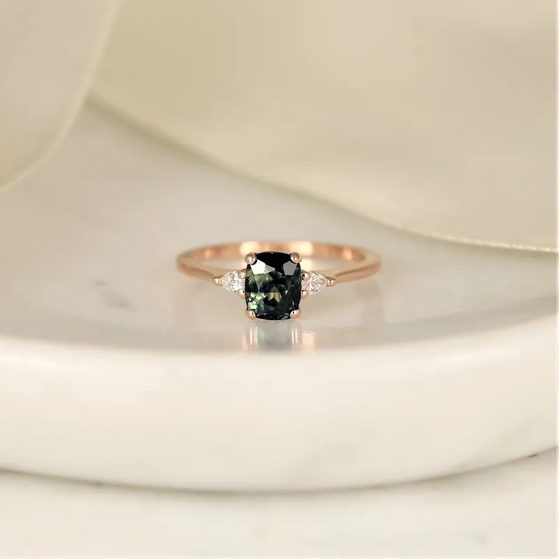 1.47ct Ready to Ship Petite Ellis 14kt Gold Bi-Color Moss Teal Sapphire Diamond Elongated Cushion 3 Stone Ring vy 5