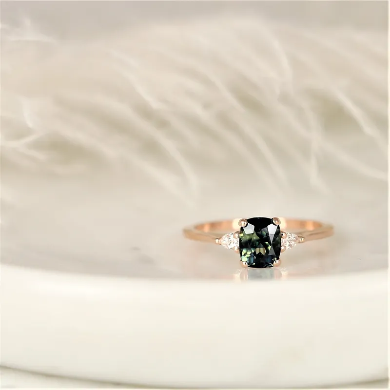 1.47ct Ready to Ship Petite Ellis 14kt Gold Bi-Color Moss Teal Sapphire Diamond Elongated Cushion 3 Stone Ring vy 4