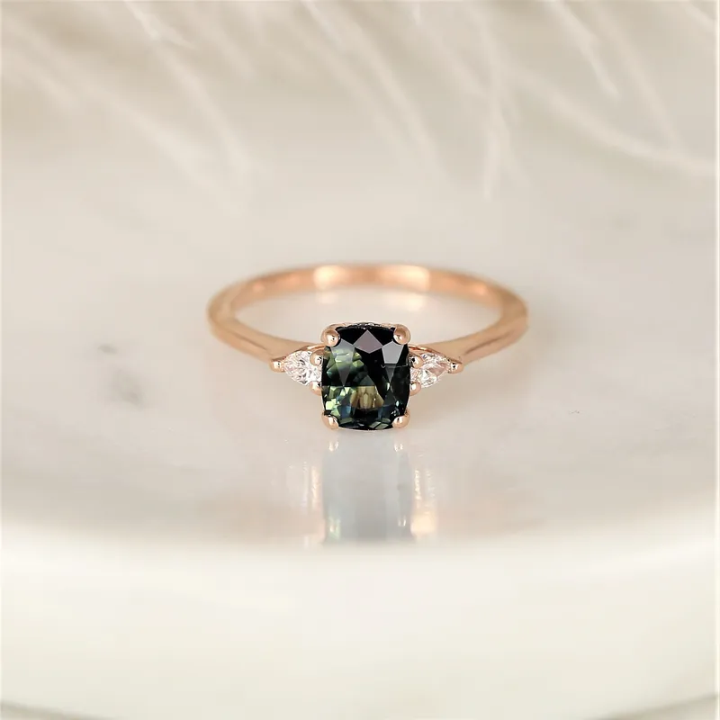 1.47ct Ready to Ship Petite Ellis 14kt Gold Bi-Color Moss Teal Sapphire Diamond Elongated Cushion 3 Stone Ring vy 3