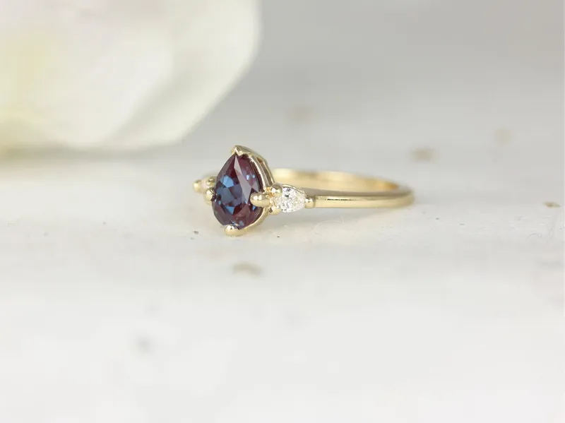 Petite Evette 7x5mm 14kt Gold Alexandrite Diamond Pear 3 Stone Ring view 7