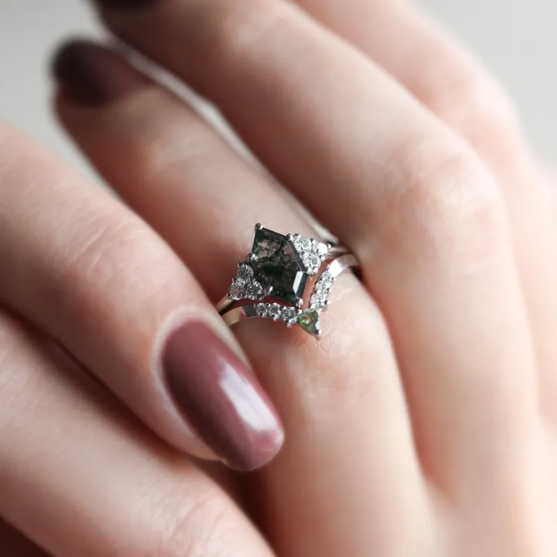 Phoenix Hexagon Moss Agate Ring Set With Accent Diamond vy 2