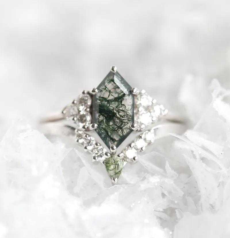 Phoenix Hexagon Moss Agate Ring Set With Accent Diamond vy 3