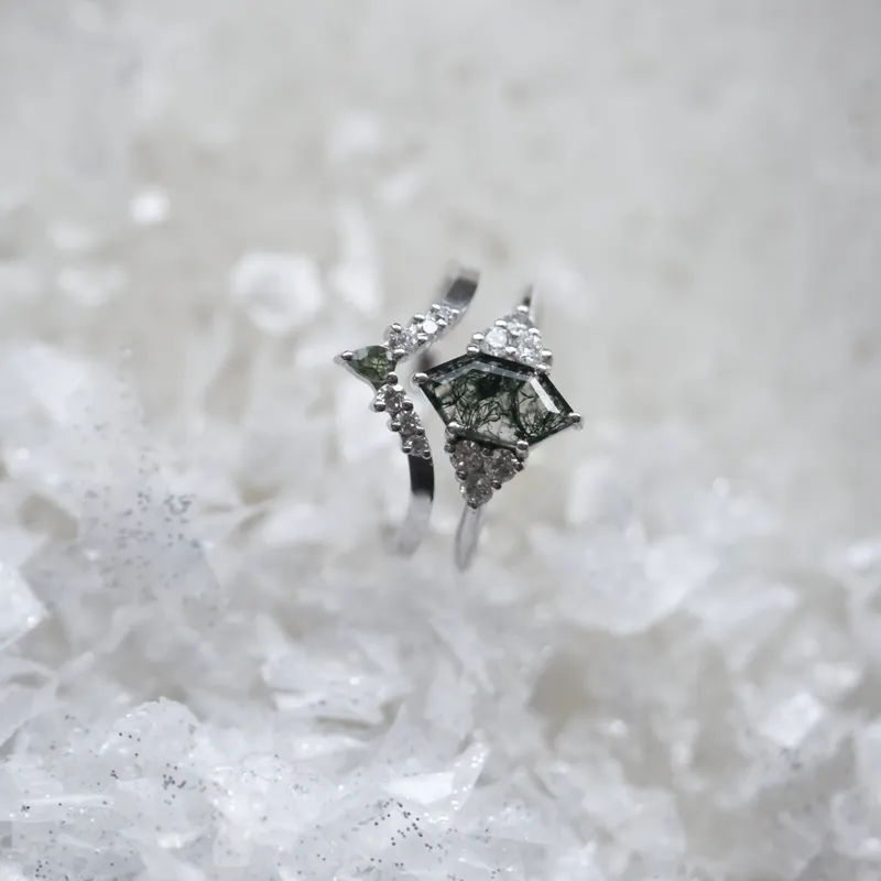 Phoenix Hexagon Moss Agate Ring Set With Accent Diamond vy 4
