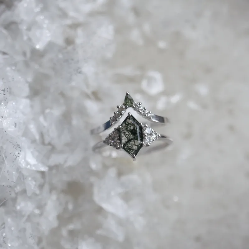 Phoenix Hexagon Moss Agate Ring Set With Accent Diamond vy 5
