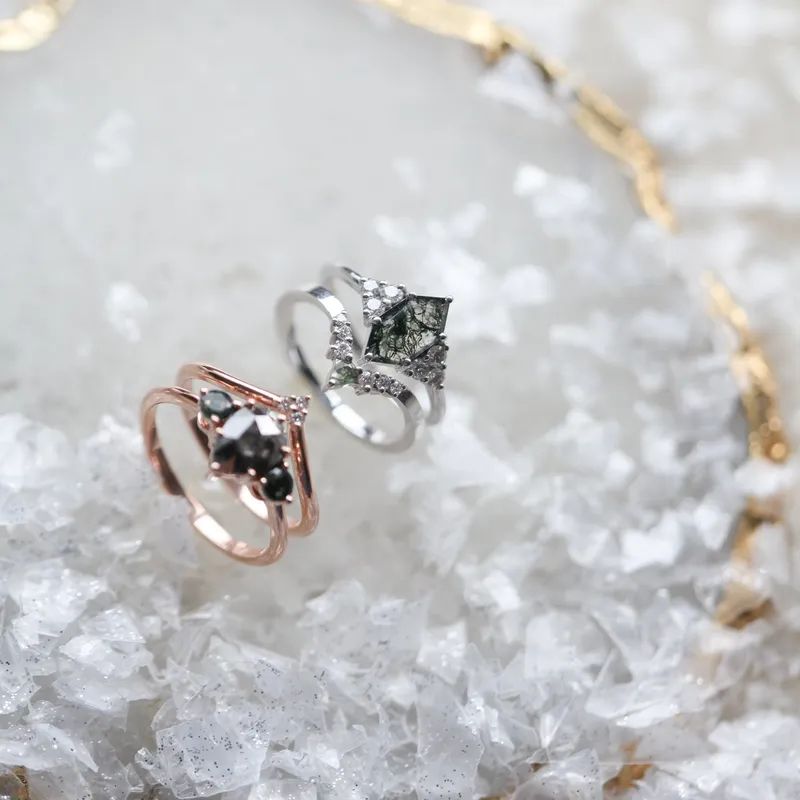 Phoenix Hexagon Moss Agate Ring Set With Accent Diamond vy 6