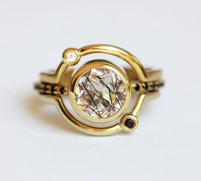 Planet Ring, Saturn Ring, Statement Celestial Set round cut engagement ring