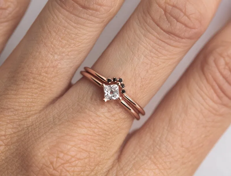 Princess Set: Dainty Diamond Ring & Black Diamond Band view 2