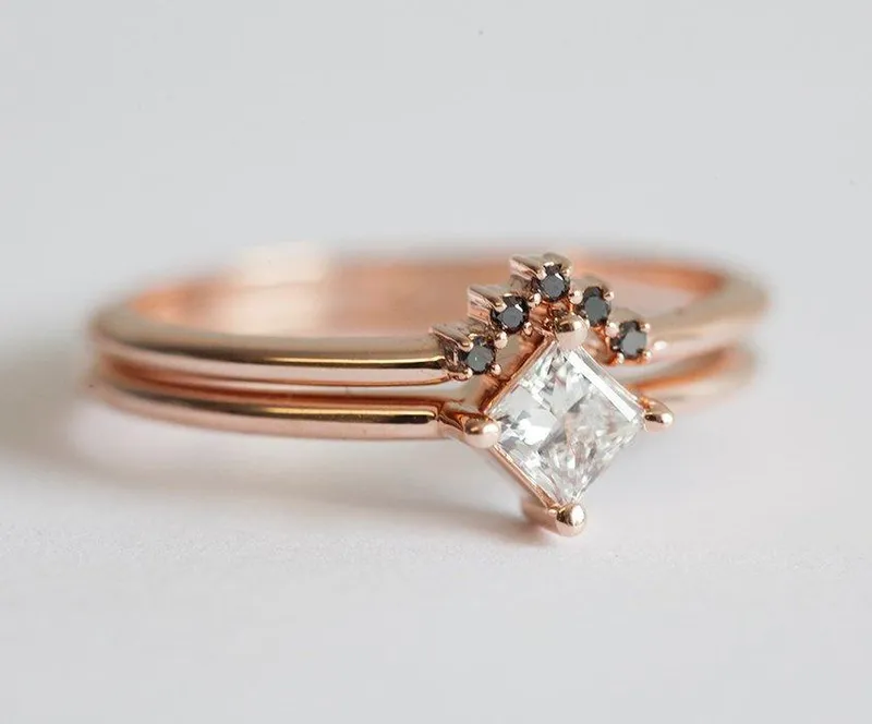 Princess Set: Dainty Diamond Ring & Black Diamond Band view 3
