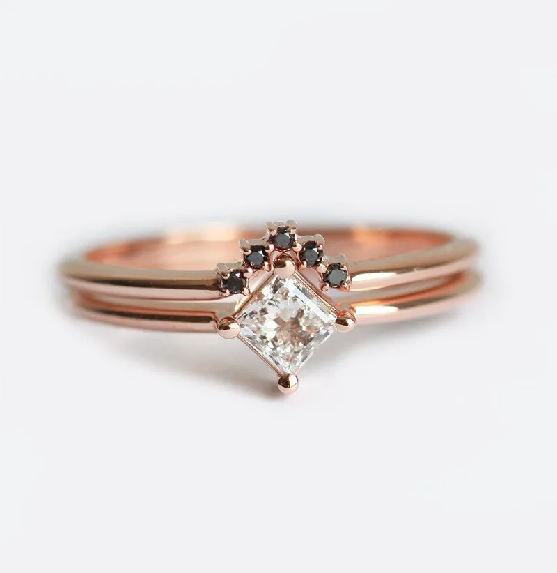 Princess Set: Dainty Diamond Ring & Black Diamond Band view 4