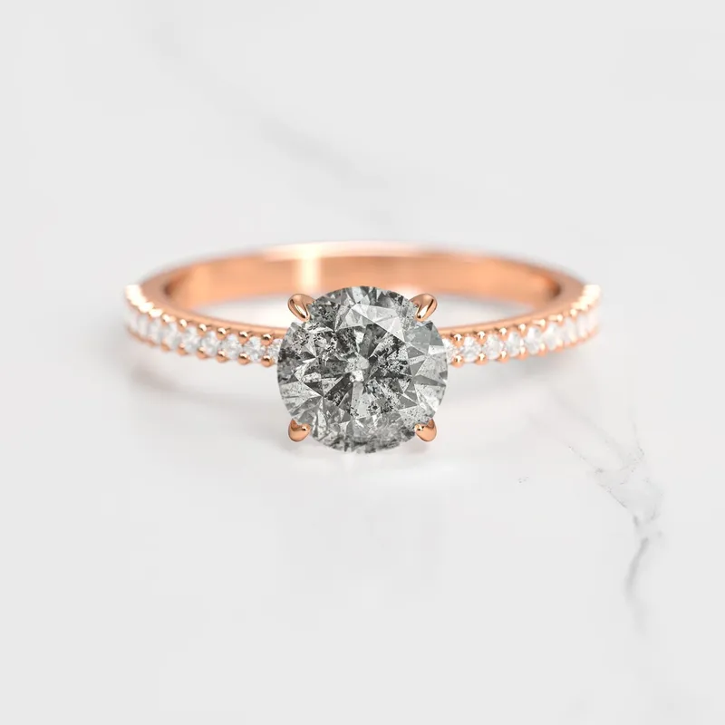 ROUND HALF PAVE TAPERED SALT & PEPPER DIAMOND RING view 4