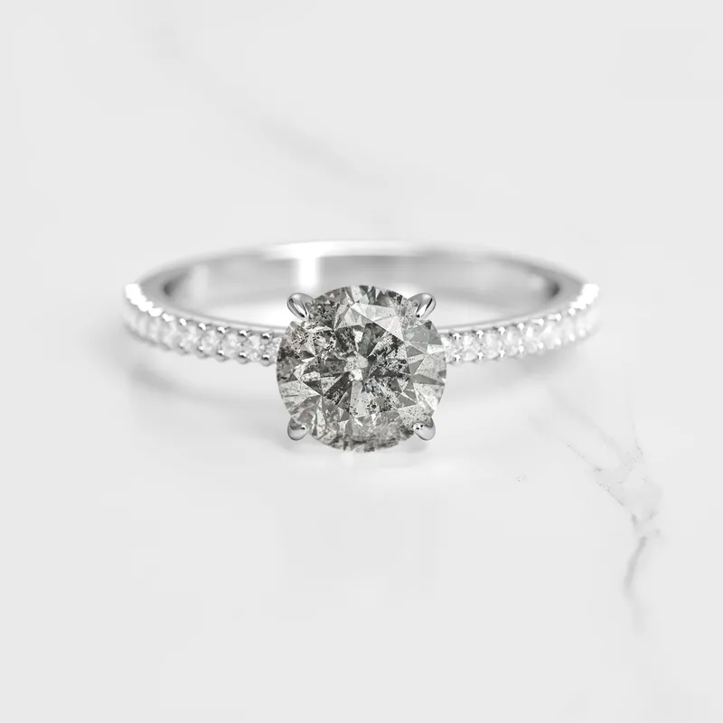ROUND HALF PAVE TAPERED SALT & PEPPER DIAMOND RING view 5