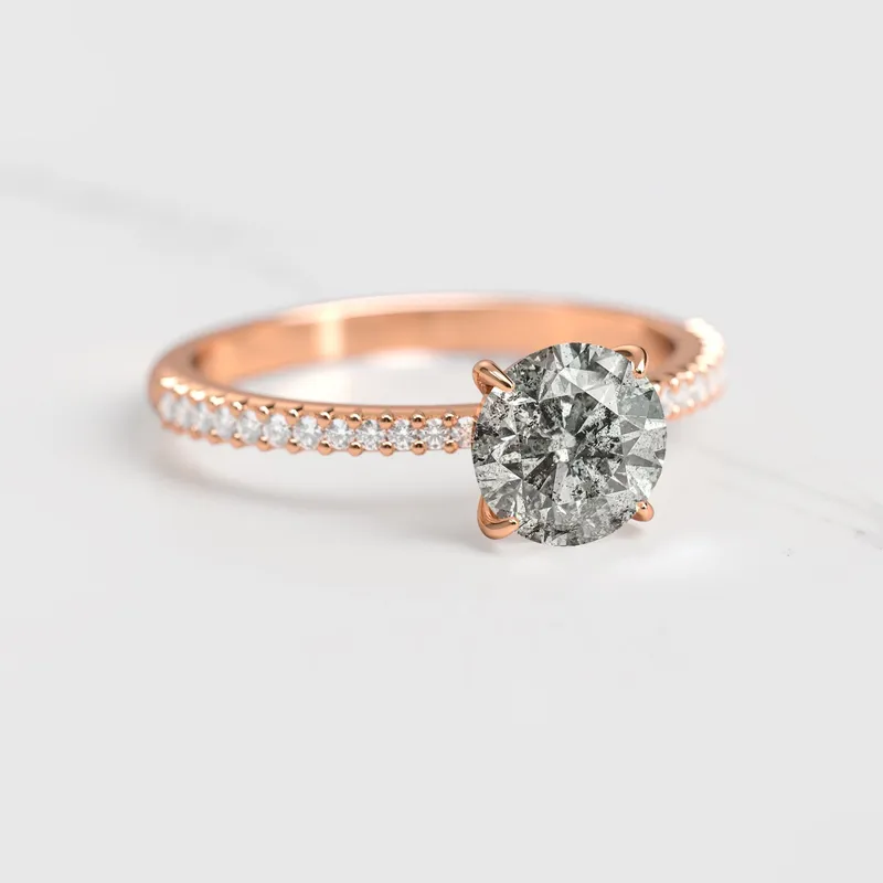 ROUND HALF PAVE TAPERED SALT & PEPPER DIAMOND RING view 6