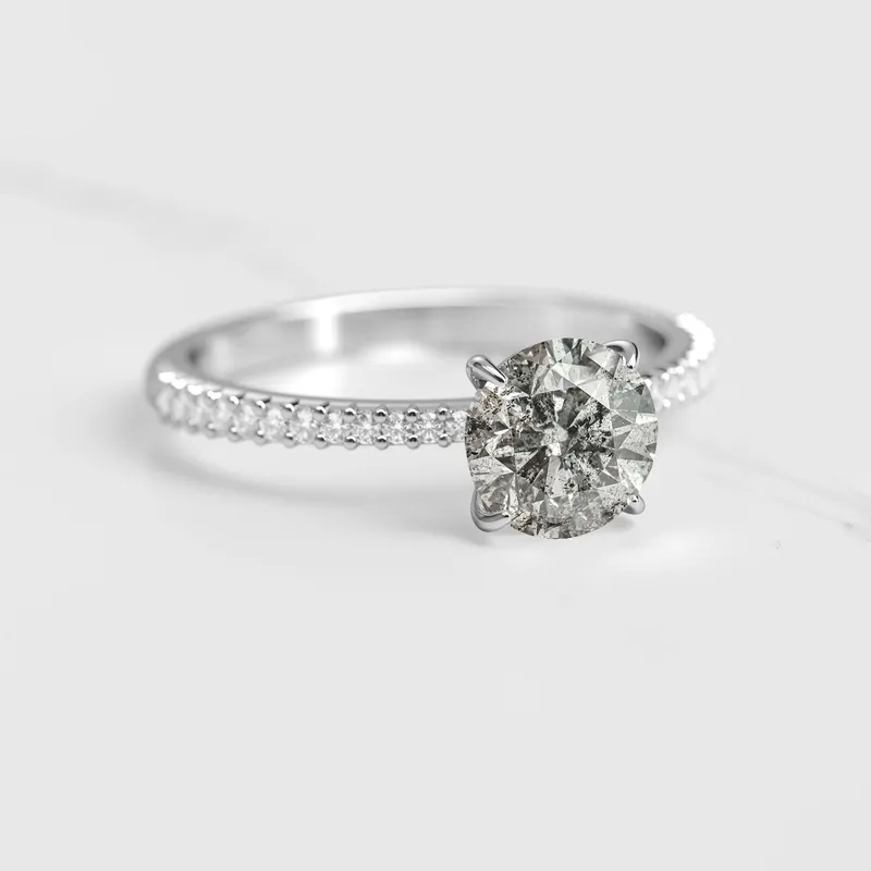 ROUND HALF PAVE TAPERED SALT & PEPPER DIAMOND RING view 7