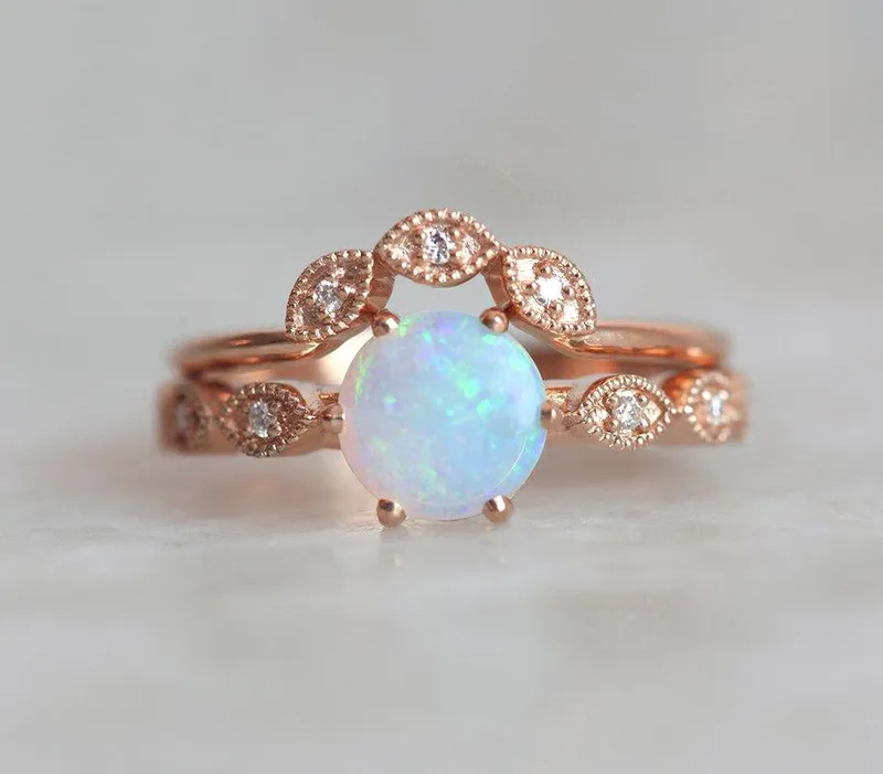 ROUND OPAL RING WITH DIAMOND PAVE BAND AND MATCHING RING view 10