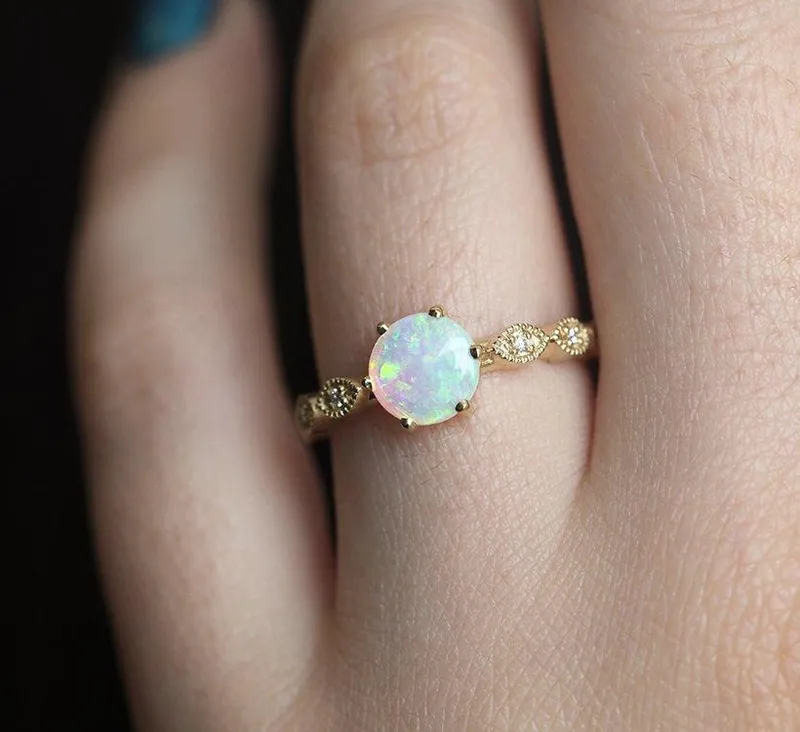 ROUND OPAL RING WITH DIAMOND PAVE BAND AND MATCHING RING view 4