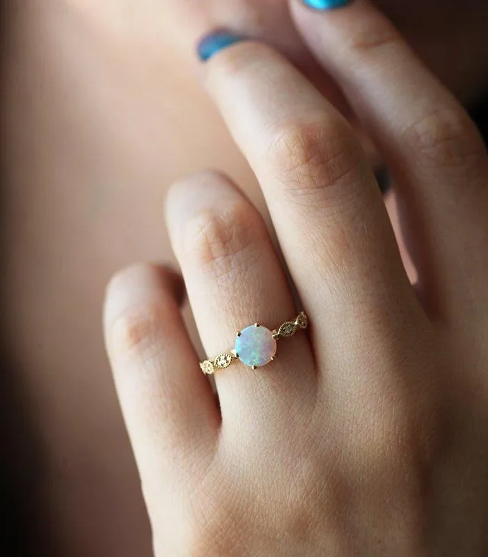 ROUND OPAL RING WITH DIAMOND PAVE BAND AND MATCHING RING view 7