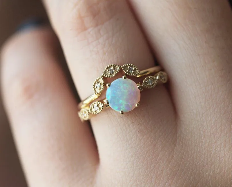 ROUND OPAL RING WITH DIAMOND PAVE BAND AND MATCHING RING view 8