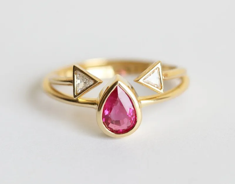 Ruby Engagement Ring, Open Triangle Diamond Band view 2