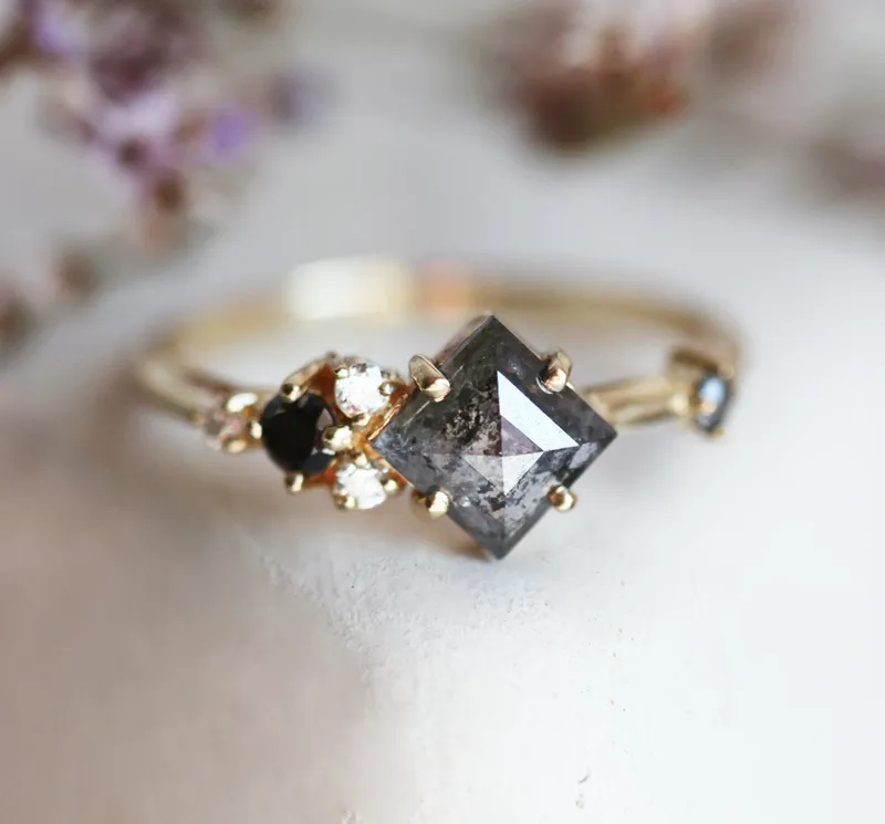 RAMONA SQUARE SALT & PEPPER DIAMOND CLUSTER RING vy 2