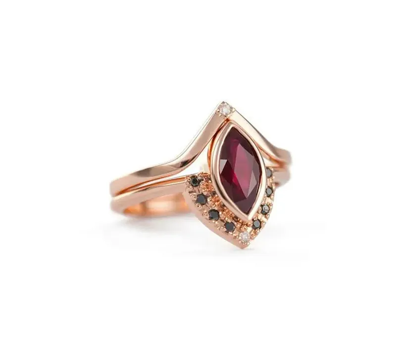 Regina Ruby And Black Diamond Ring Set With Chevron Band vy 2