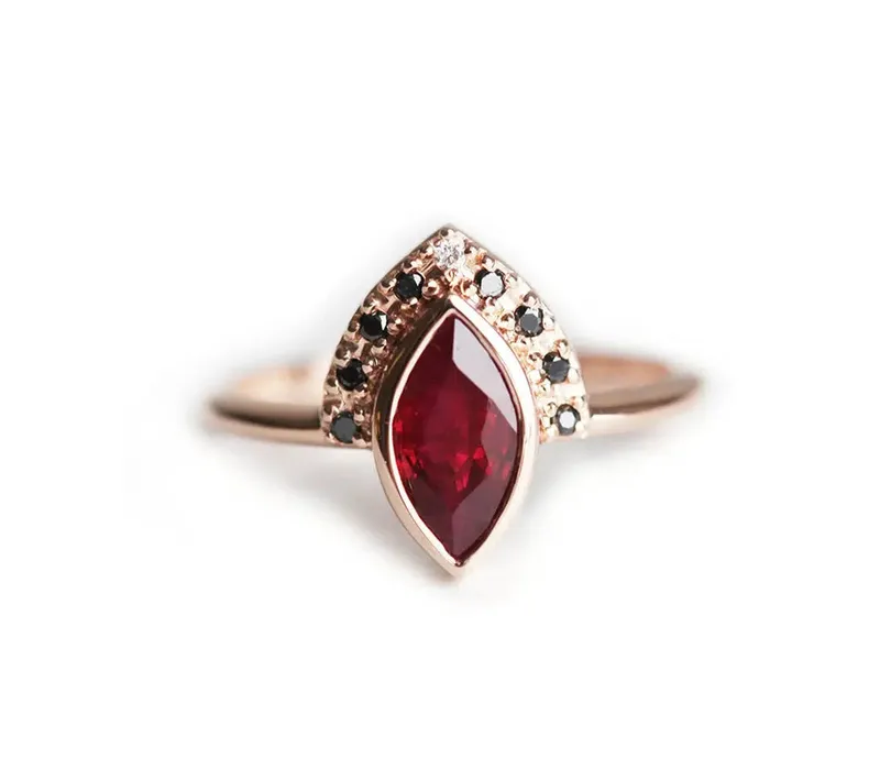 Regina Ruby And Black Diamond Ring Set With Chevron Band vy 4