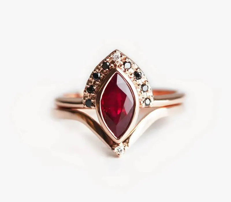 Regina Ruby And Black Diamond Ring Set With Chevron Band ruby engagement ring