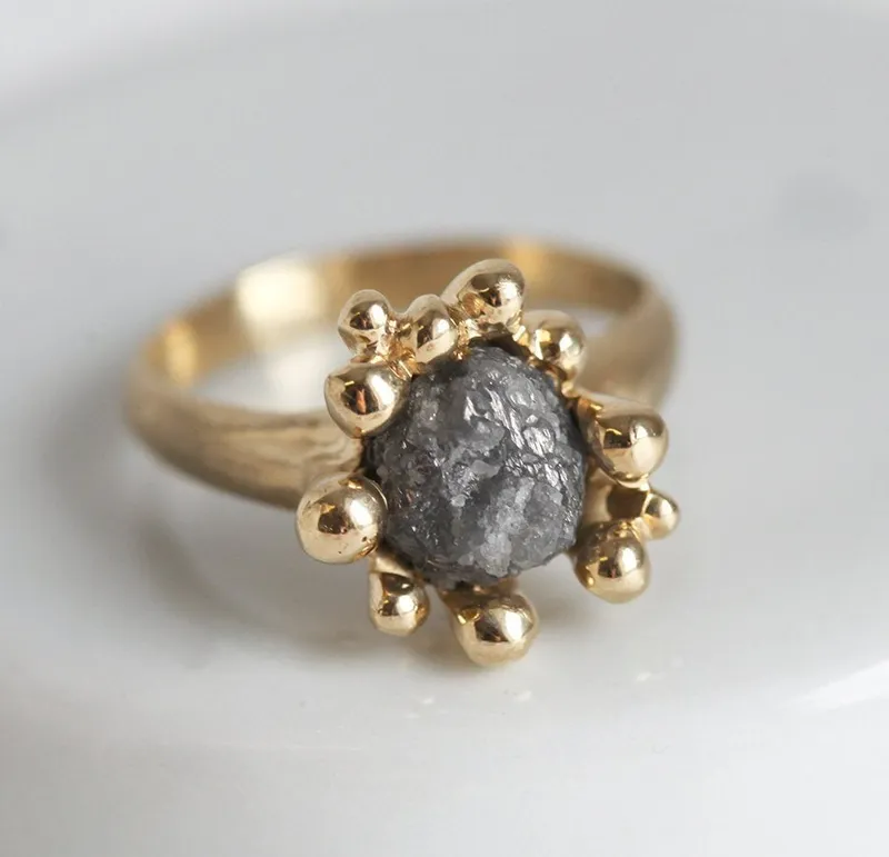 Romance Rough Gray Diamond Ring With Yellow Gold Band view 2