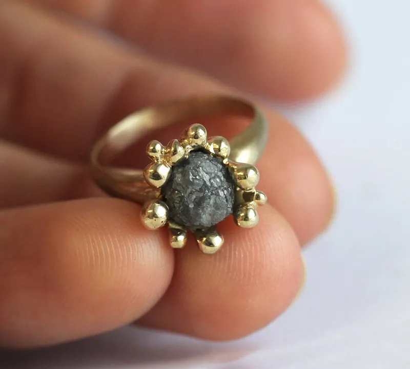Romance Rough Gray Diamond Ring With Yellow Gold Band view 3