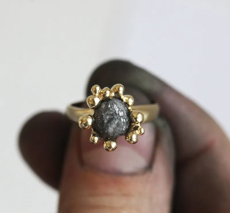 Romance Rough Gray Diamond Ring With Yellow Gold Band view 5