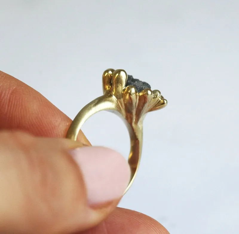 Romance Rough Gray Diamond Ring With Yellow Gold Band view 6