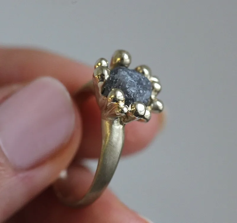 Romance Rough Gray Diamond Ring With Yellow Gold Band view 7