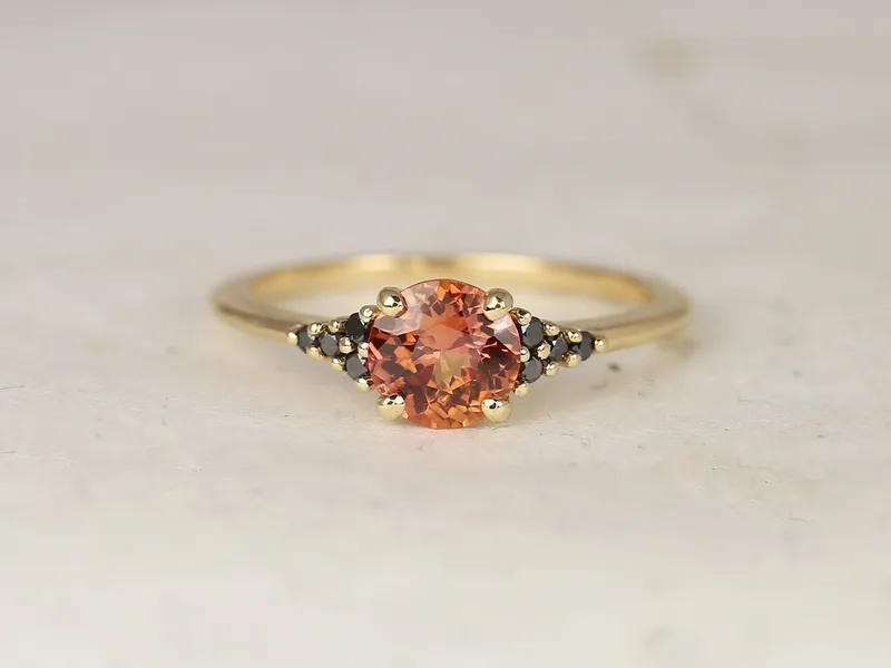 1.04ct Ready to Ship Malia 14kt Yellow Gold Flamed Tangerine Red Sapphire Black Diamonds Dainty Round Cluster Ring view 2