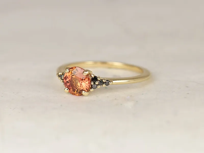 1.04ct Ready to Ship Malia 14kt Yellow Gold Flamed Tangerine Red Sapphire Black Diamonds Dainty Round Cluster Ring view 5