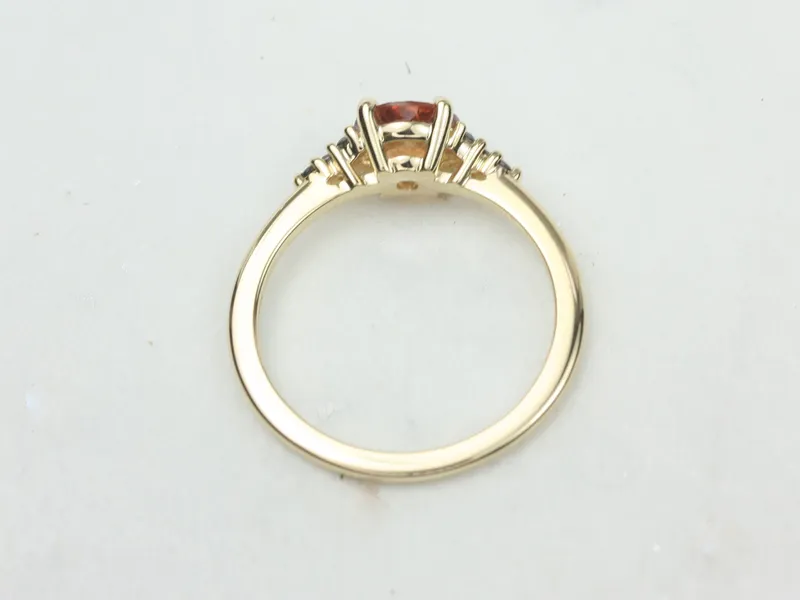 1.04ct Ready to Ship Malia 14kt Yellow Gold Flamed Tangerine Red Sapphire Black Diamonds Dainty Round Cluster Ring view 4
