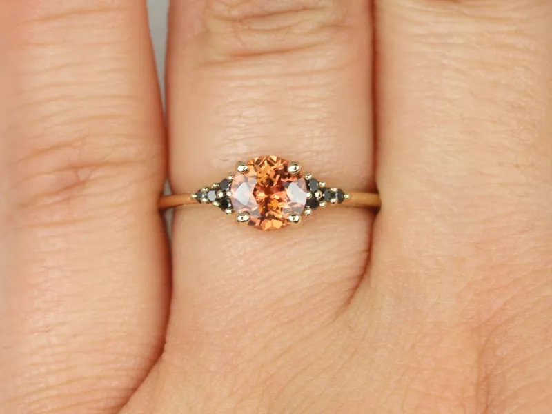 1.04ct Ready to Ship Malia 14kt Yellow Gold Flamed Tangerine Red Sapphire Black Diamonds Dainty Round Cluster Ring view 3