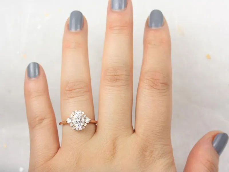 1.50cts Britney 8x6mm 14kt Moissanite Diamonds Unique Oval Halo Ring view 3