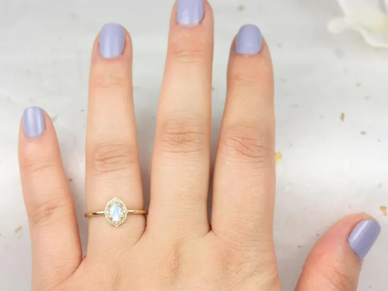 Ready to Ship Mini Mae 6x4mm 14kt Gold WITH Milgrain Moonstone Diamond Oval Halo Ring vy 2