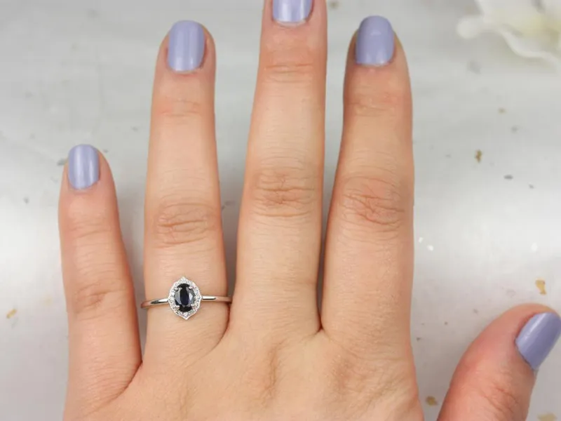 Mini Mae 6x4mm 14kt White Gold Blue Sapphire Diamond WITH Milgrain Art Deco Oval Halo Ring view 2