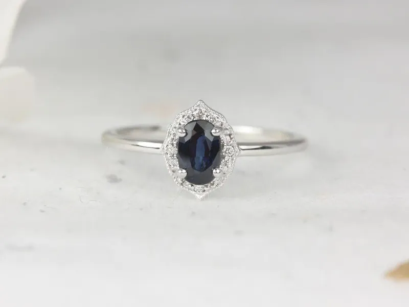 Mini Mae 6x4mm 14kt White Gold Blue Sapphire Diamond WITH Milgrain Art Deco Oval Halo Ring view 3