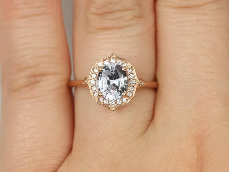 1.51ct Ready to Ship Mae 14kt Rose Gold Oval Icy Lavender Sapphire Diamond Unique Oval Halo Ring view 3