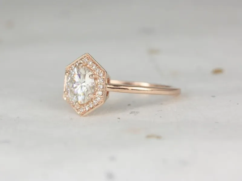 1.25ct Willis 7mm 14kt Rose Gold Moissanite Diamonds WITH Milgrain Art Deco Hexagon Halo Ring vy 4