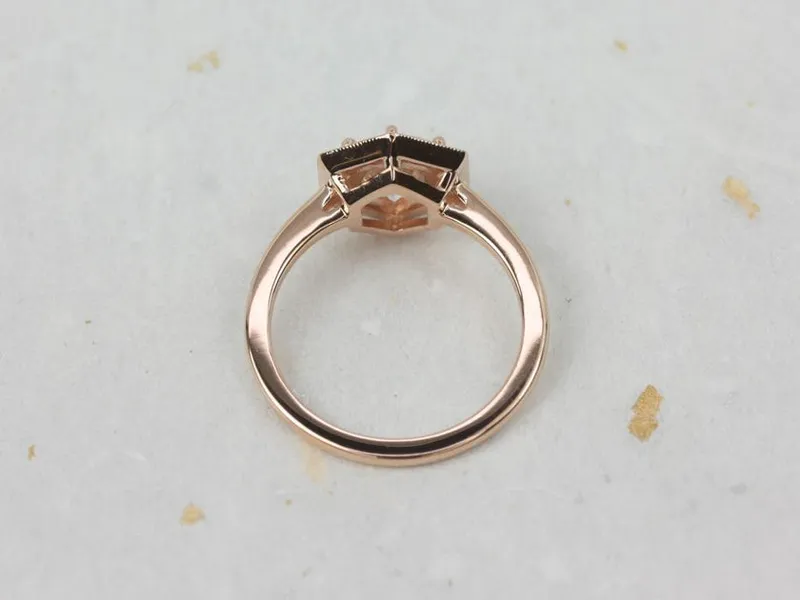 1.25ct Willis 7mm 14kt Rose Gold Moissanite Diamonds WITH Milgrain Art Deco Hexagon Halo Ring vy 6
