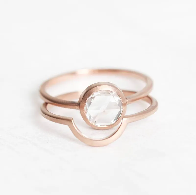 Rose Cut Diamond Solitaire Ring With Matching Band vy 10