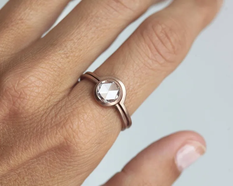 Rose Cut Diamond Solitaire Ring With Matching Band vy 2