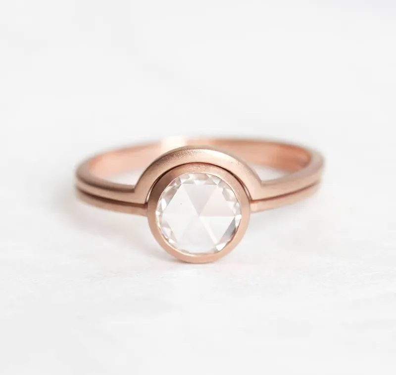 Rose Cut Diamond Solitaire Ring With Matching Band vy 8