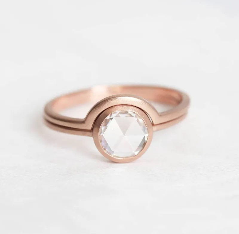 Rose Cut Diamond Solitaire Ring With Matching Band vy 9